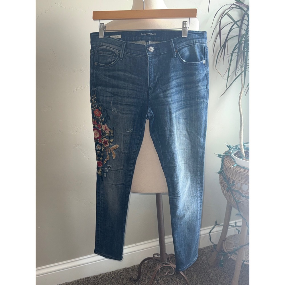 Driftwood‎ Marilyn Embroidered Floral Skinny Jeans Women's Size 28 Blue Denim